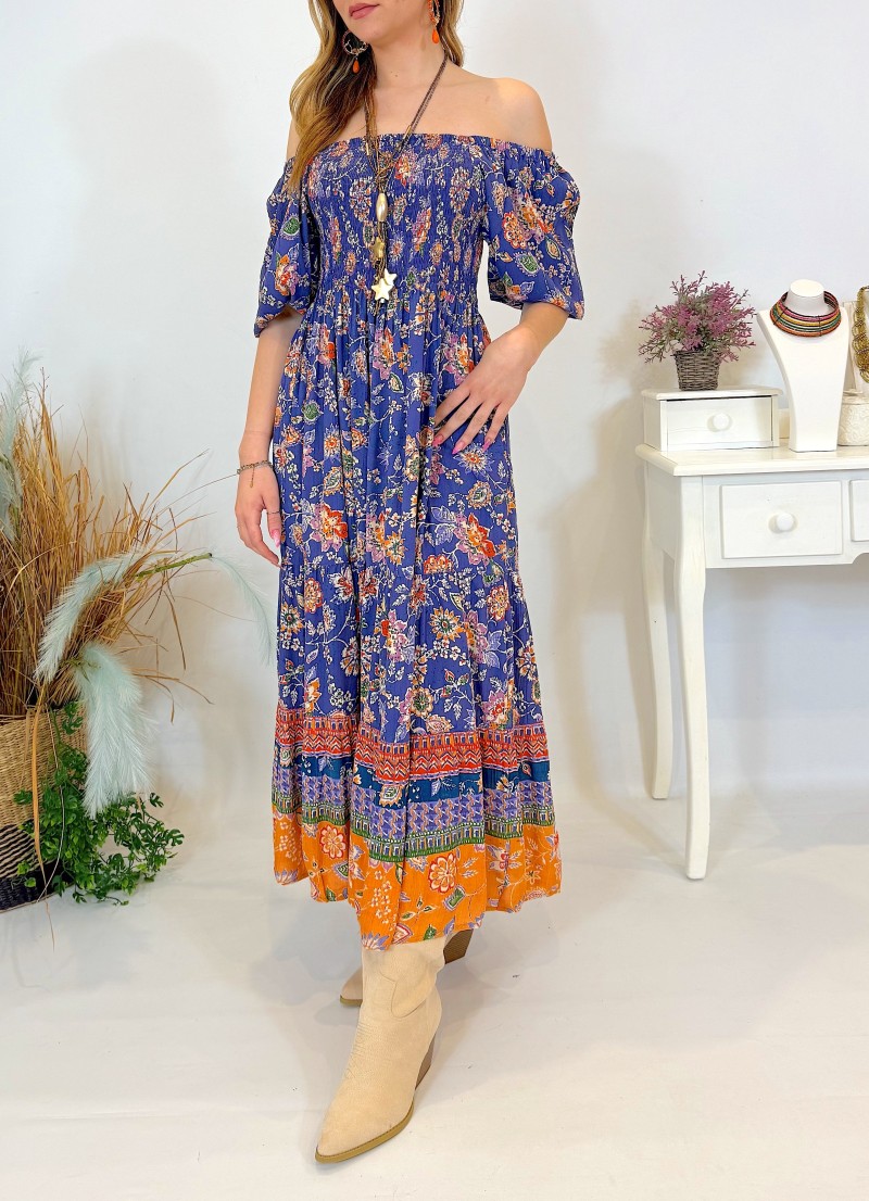 Vestido Keira azul y naranja Trilce