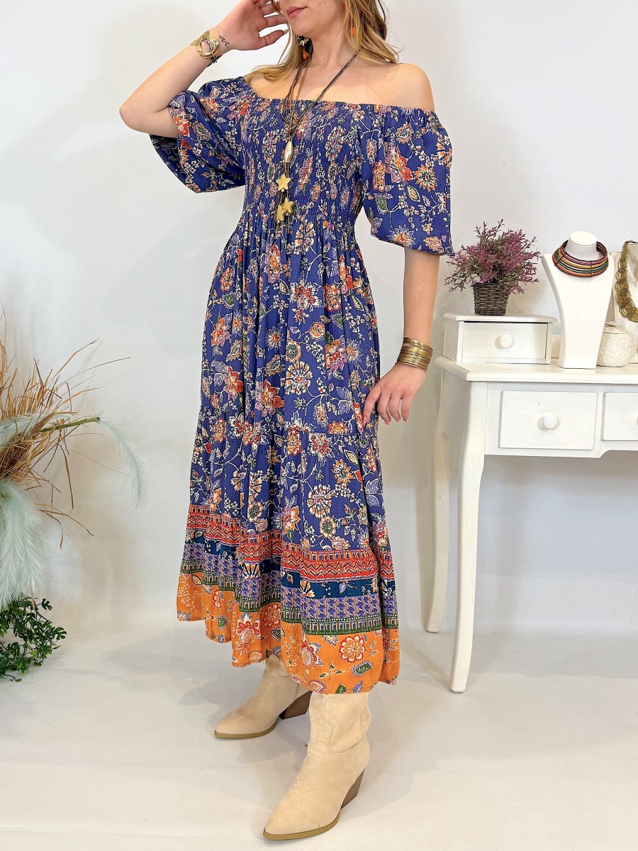 Vestido Keira azul y naranja Trilce