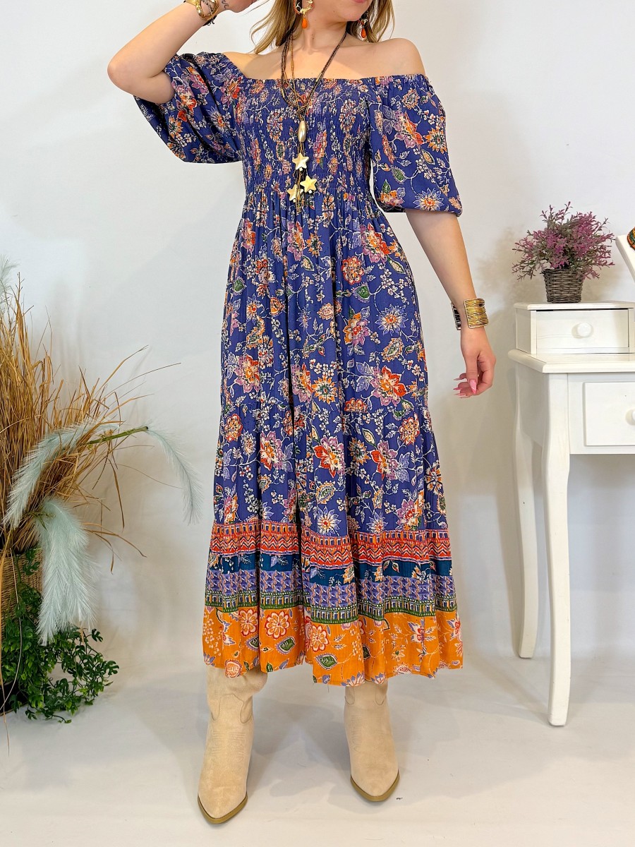 Vestido Keira azul y naranja Trilce