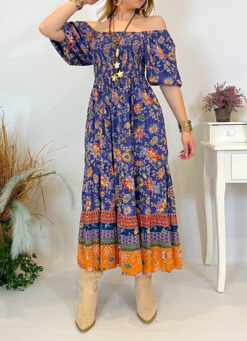 Vestido Keira azul y naranja Trilce