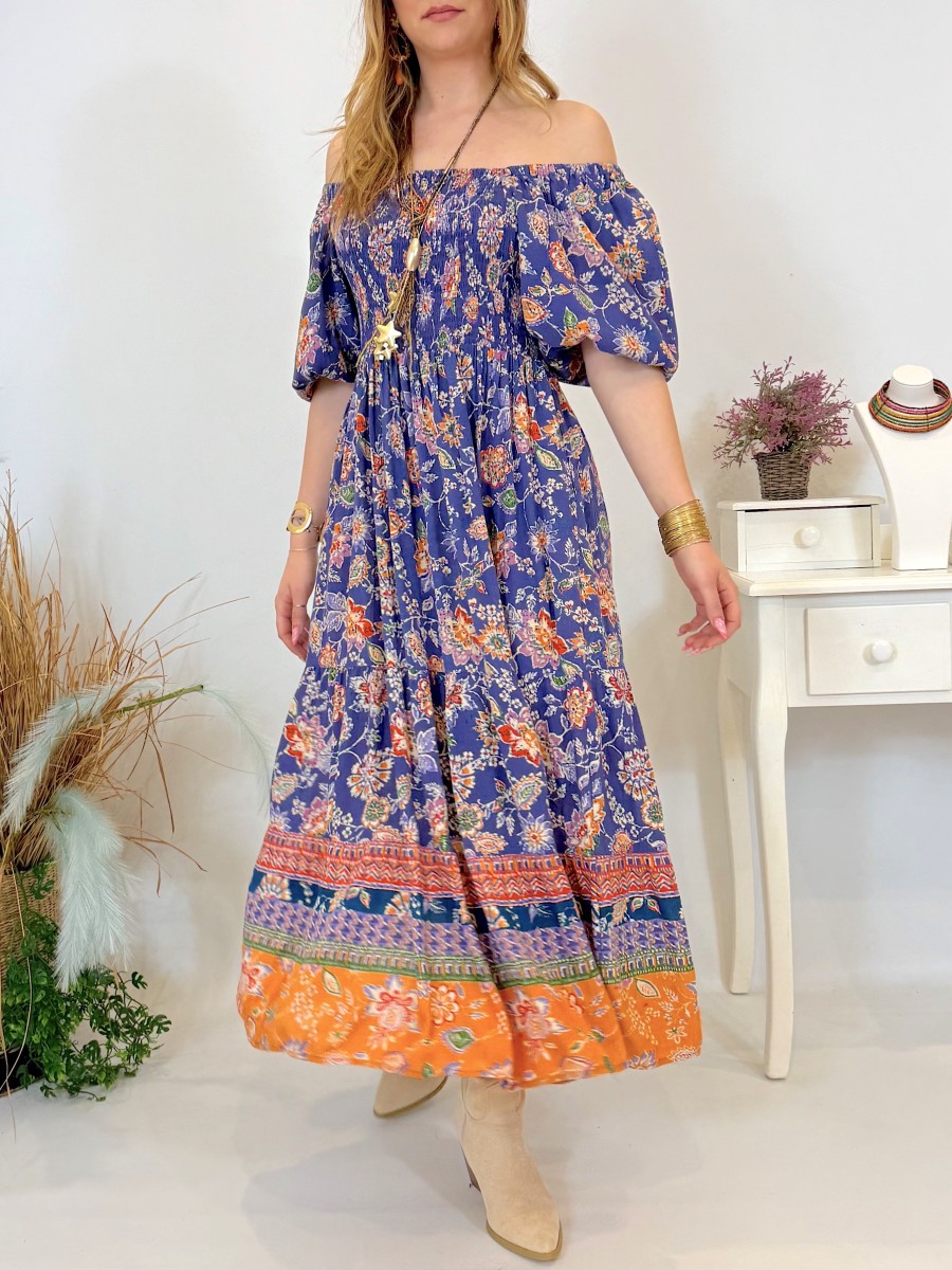 Vestido Keira azul y naranja Trilce