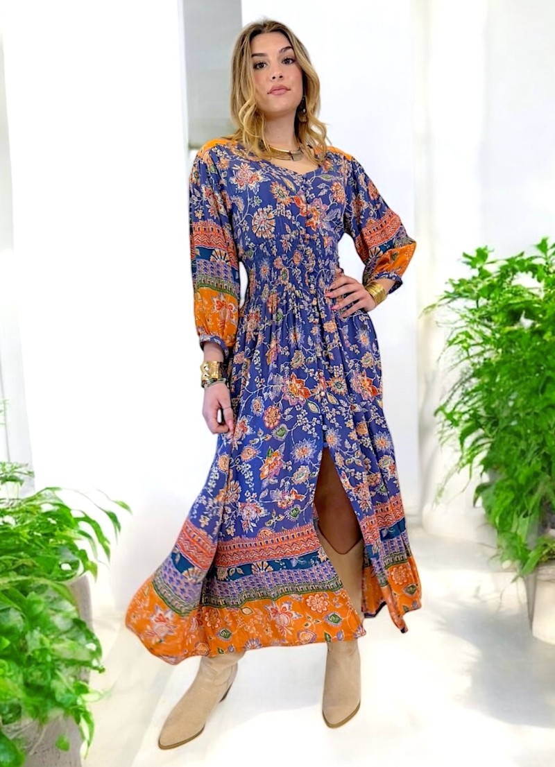 Vestido Native azul y naranja Trilce
