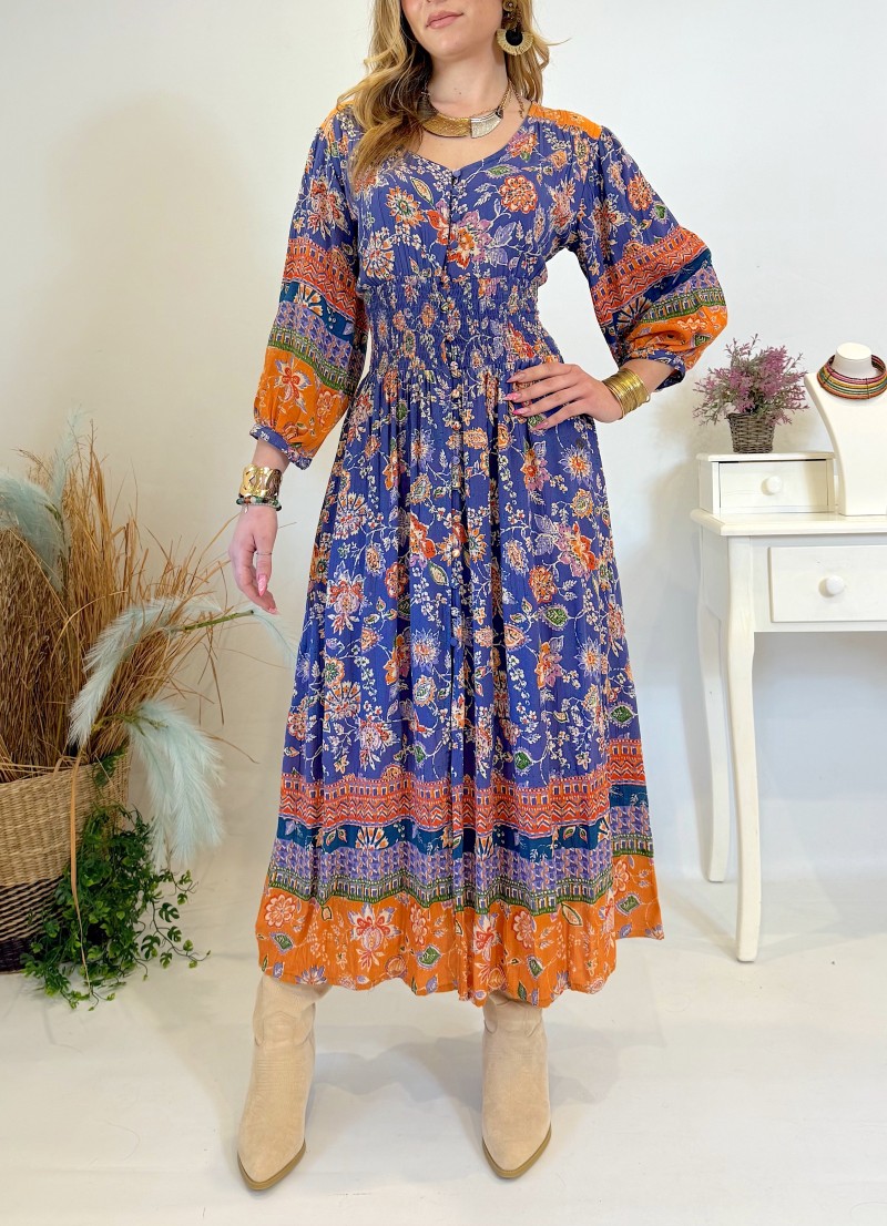 Vestido Native azul y naranja Trilce
