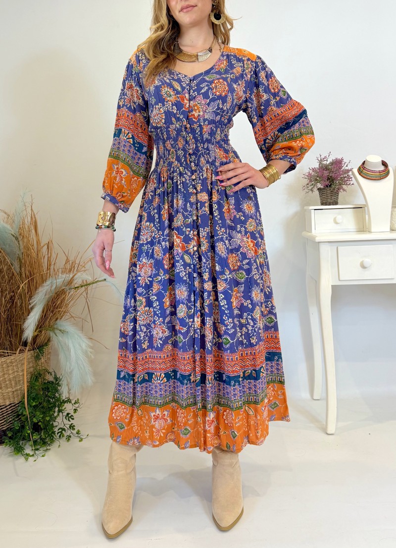 Vestido Native azul y naranja Trilce
