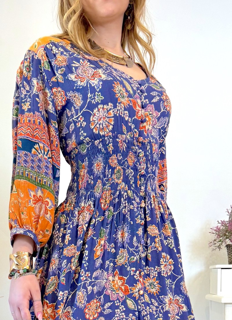 Vestido Native azul y naranja Trilce