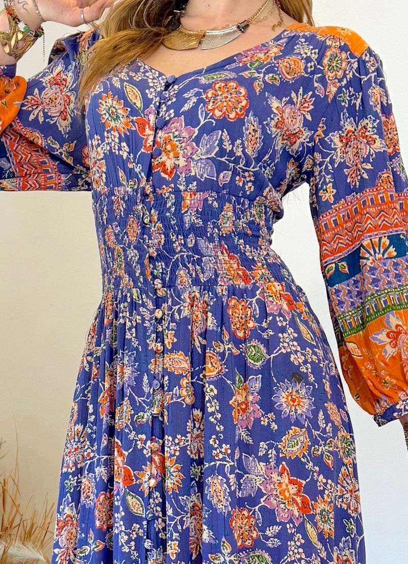 Vestido Native azul y naranja Trilce