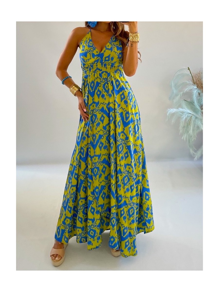 Vestido Altea azul y verde lima