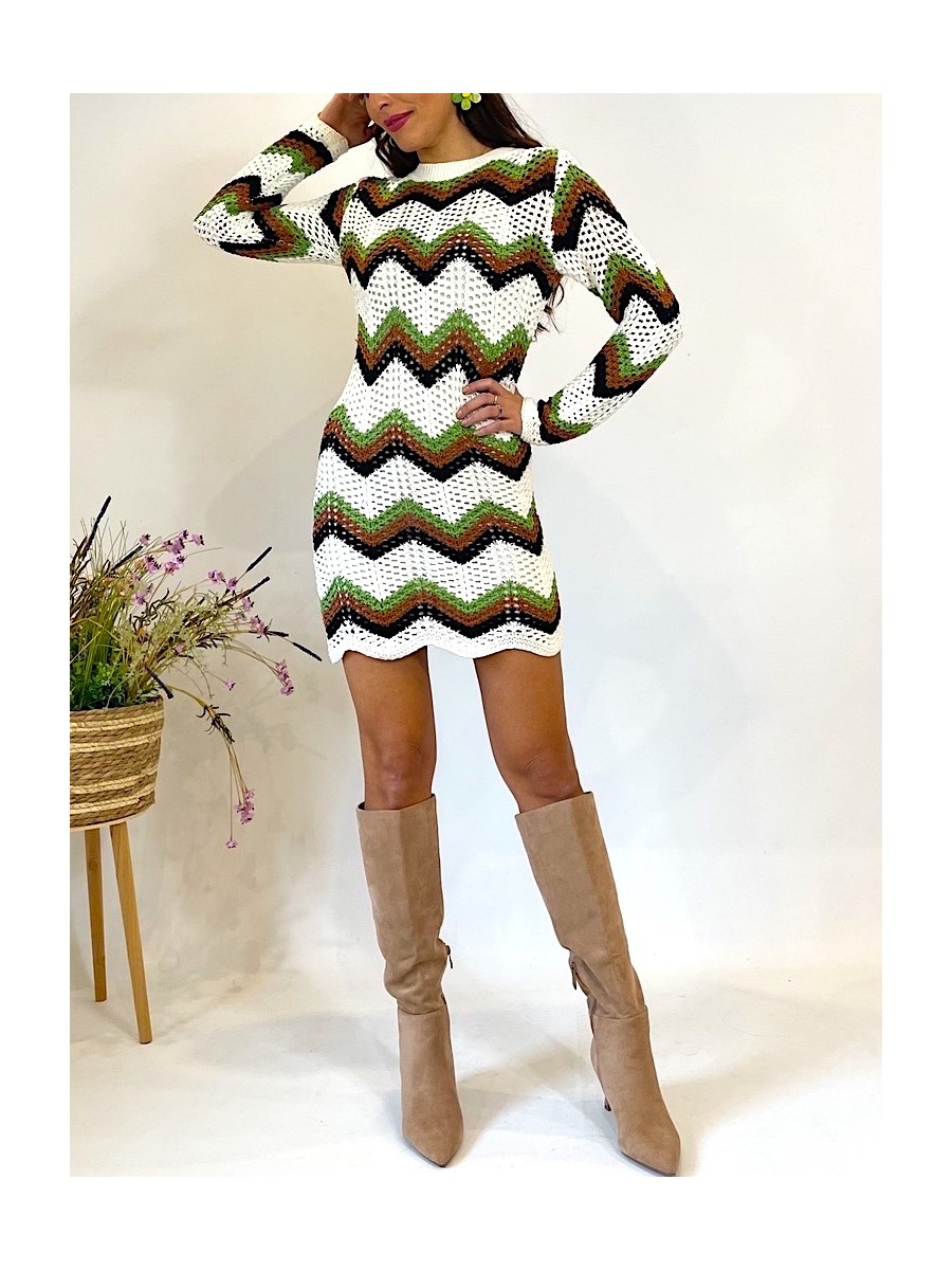 "Vestido Medoly crochet verde y marrón