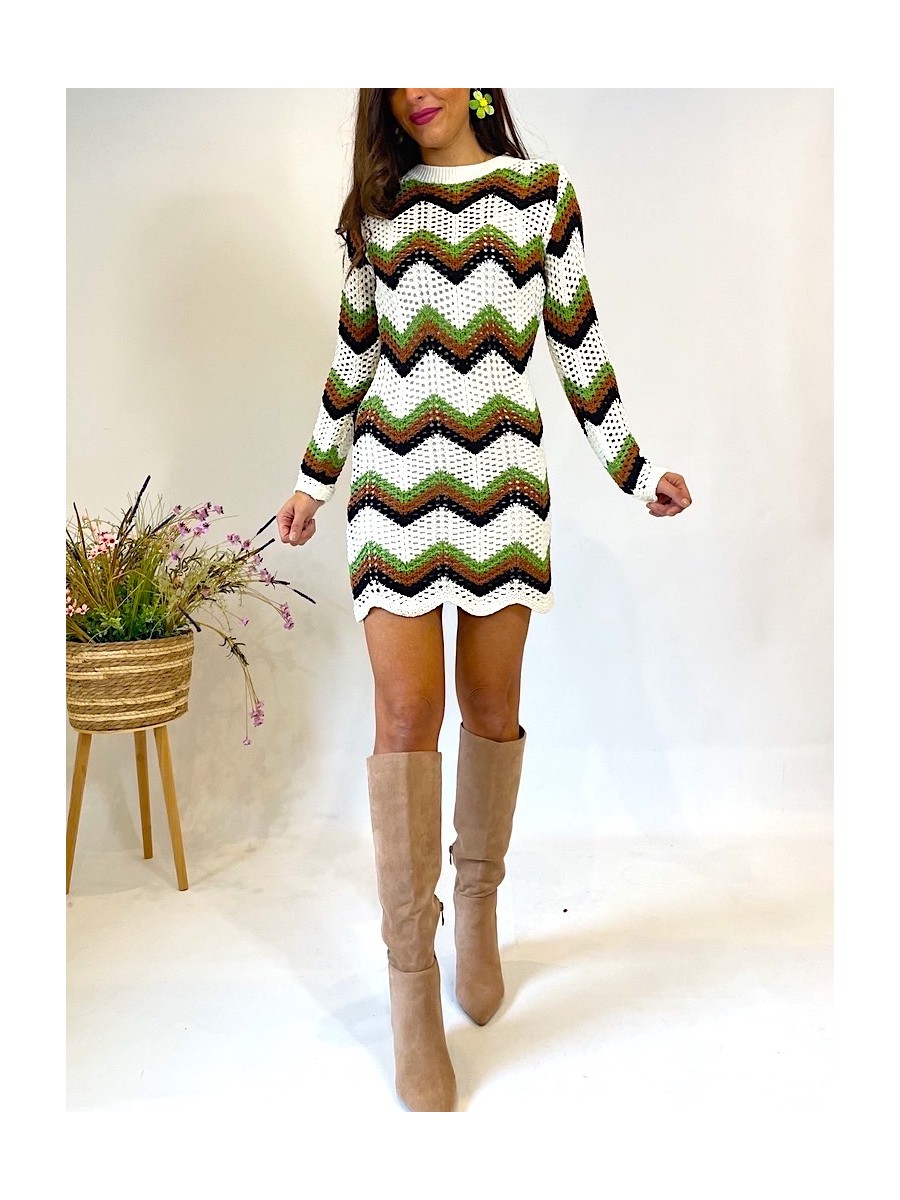 "Vestido Medoly crochet verde y marrón