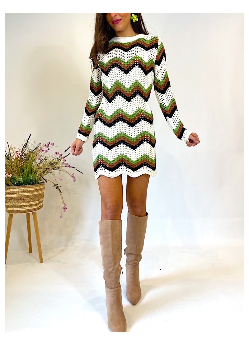 "Vestido Medoly crochet verde y marrón