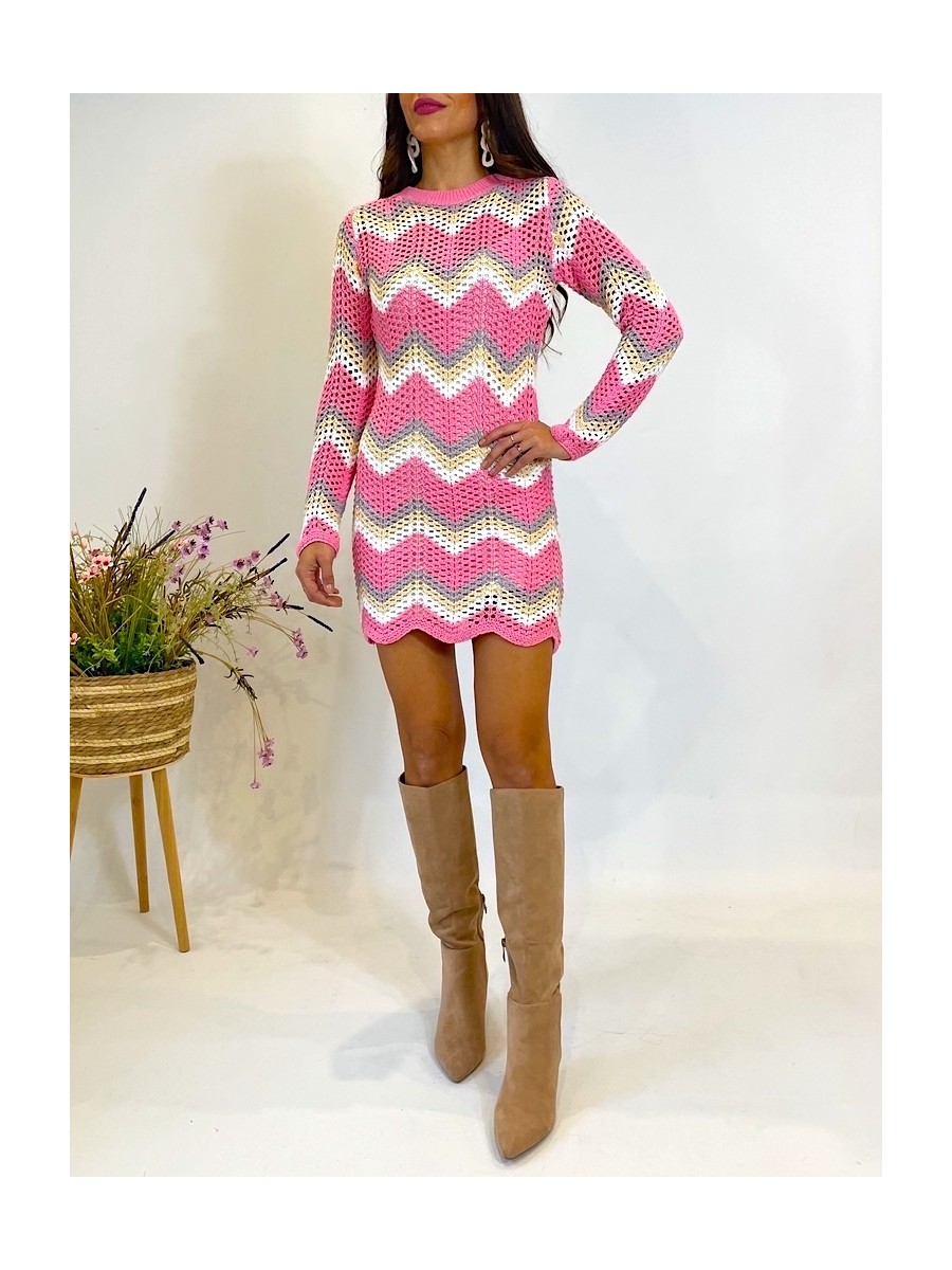 Vestido Medoly crochet rosa y blanco