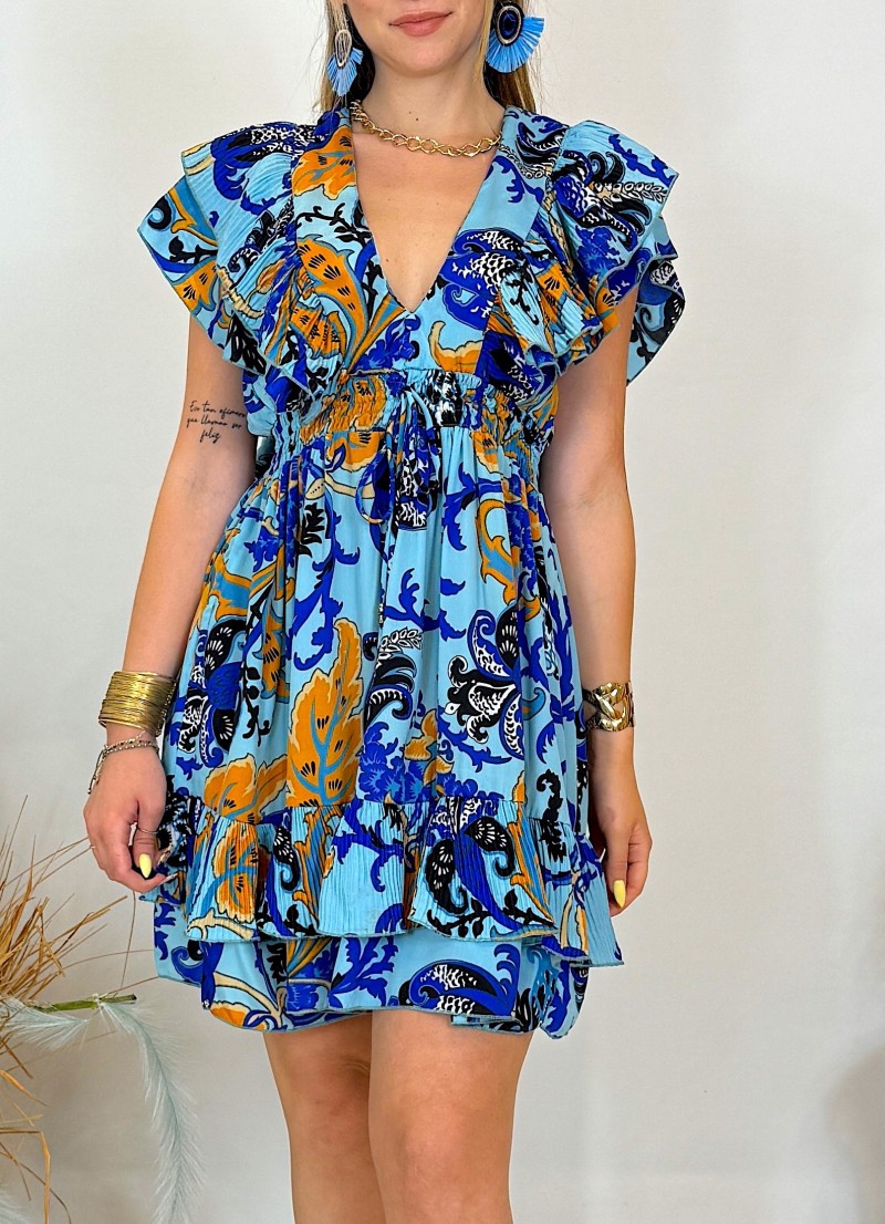 Vestido de verano corto - Estampado colorido y con volantes