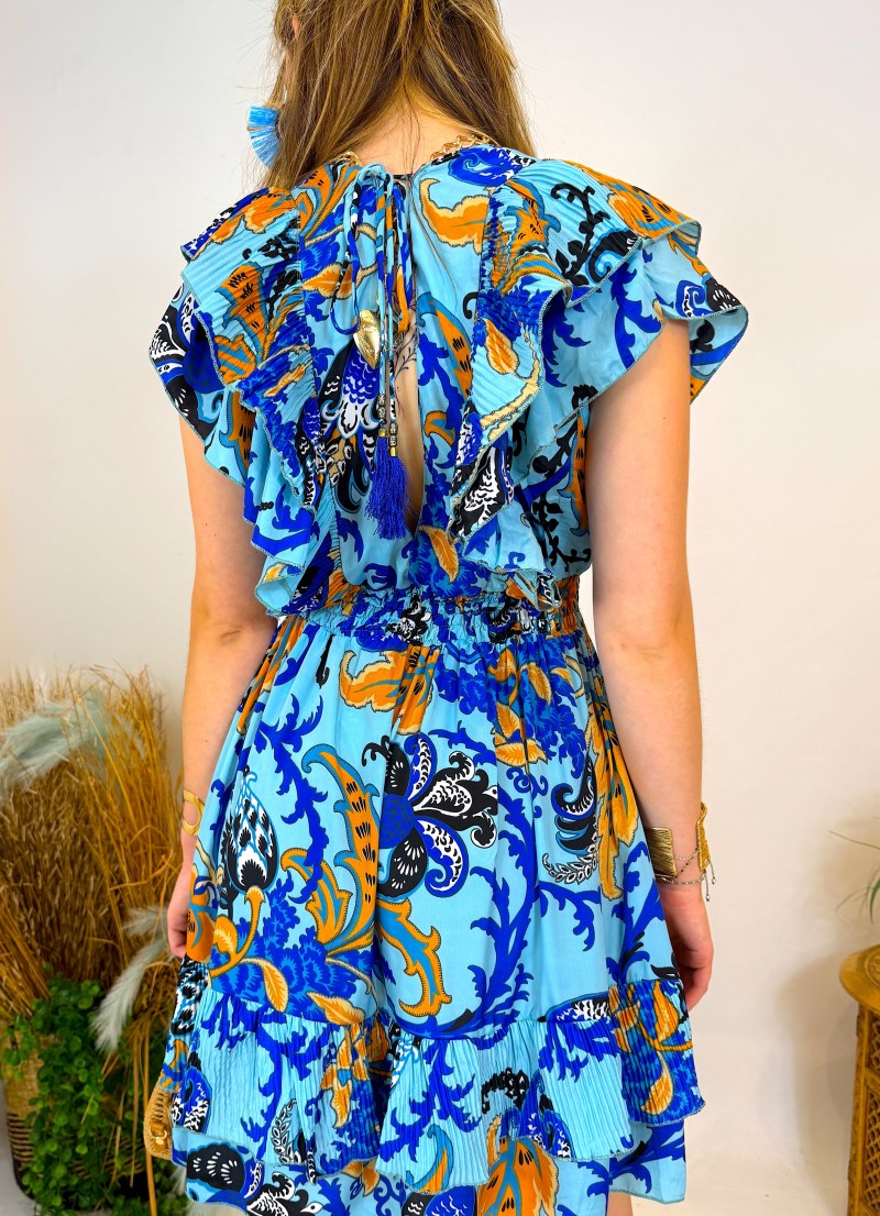 Vestido de verano corto - Estampado colorido y con volantes