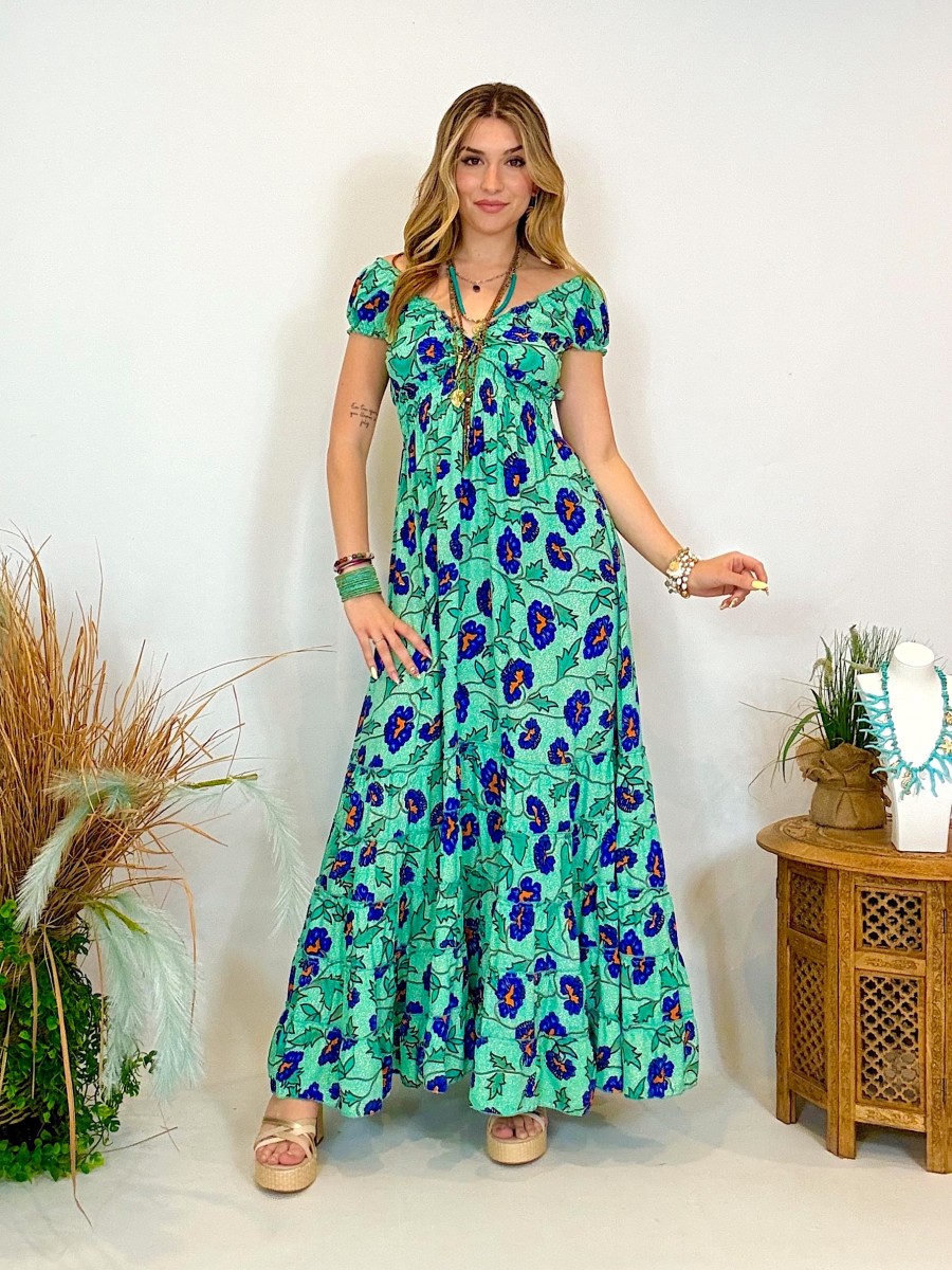 Vestido largo con volantes - Hombros descubiertos y vuelo