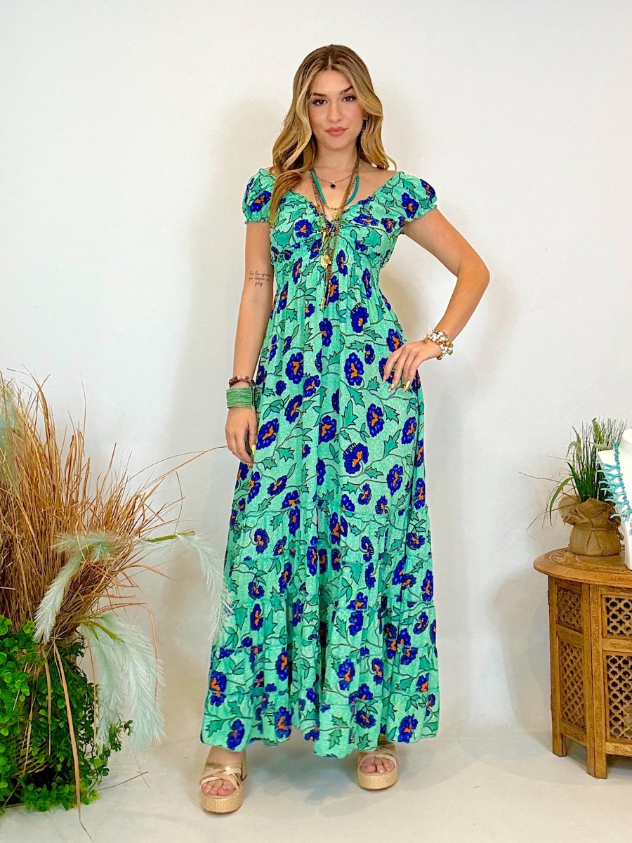 Vestido largo con volantes - Hombros descubiertos y vuelo