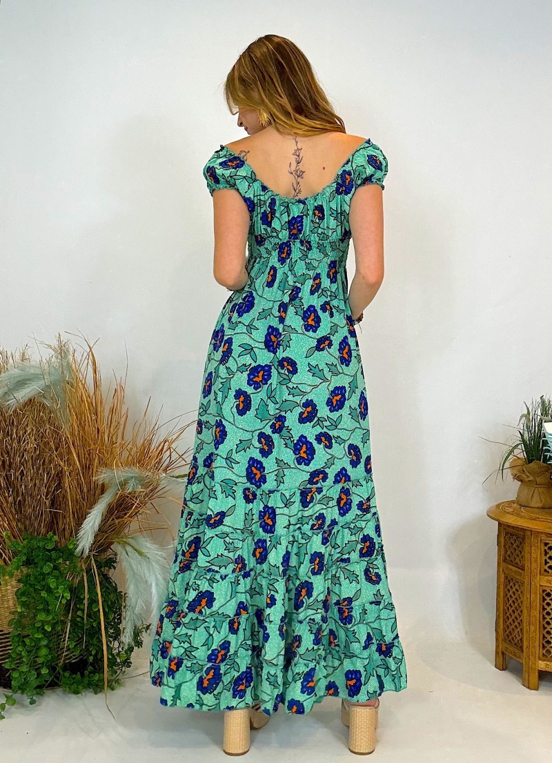 Vestido largo con volantes - Hombros descubiertos y vuelo