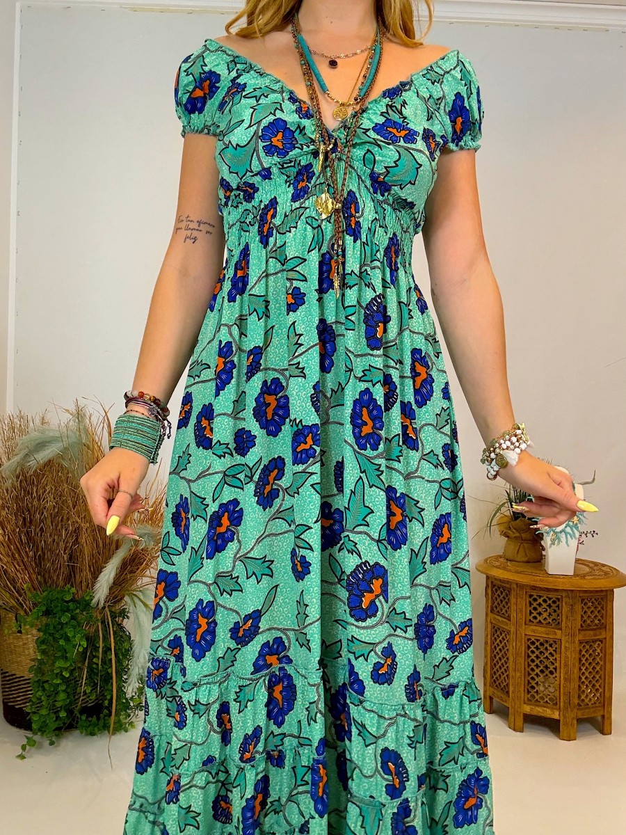 Vestido largo con volantes - Hombros descubiertos y vuelo