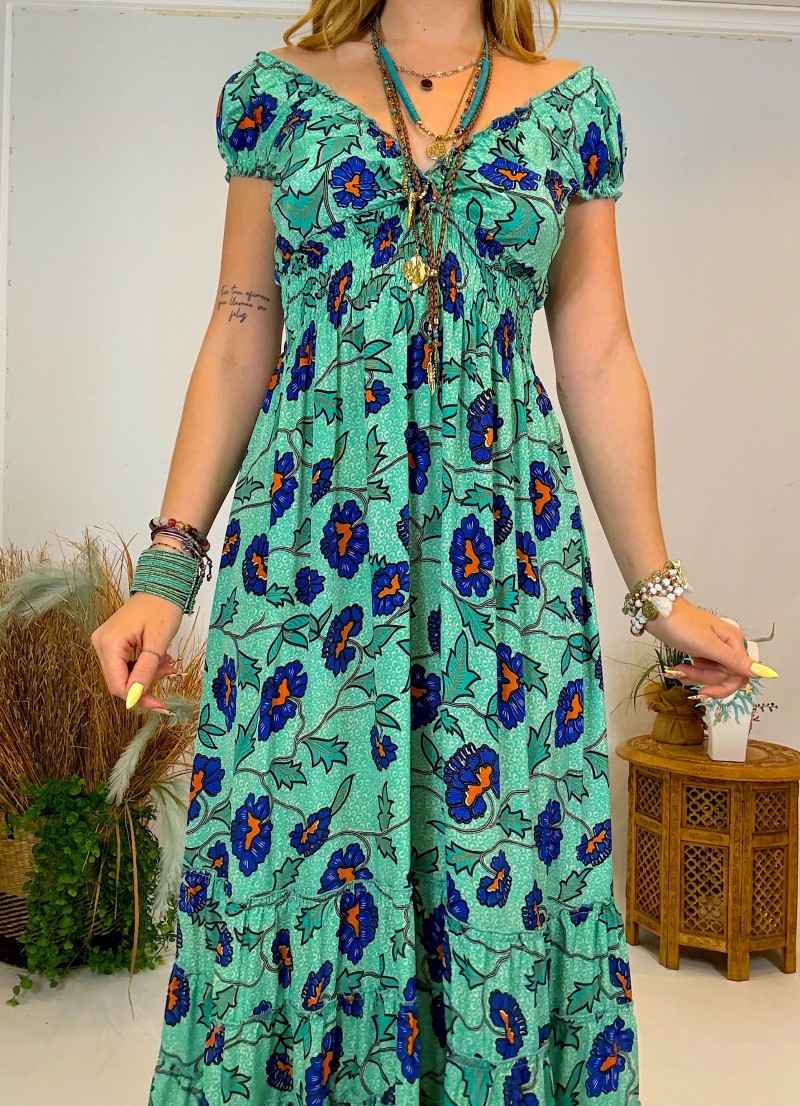 Vestido largo con volantes - Hombros descubiertos y vuelo