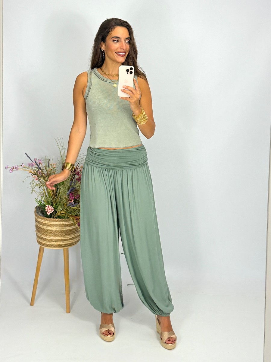 Conjunto boho fluido mujer – Top efecto lavado y bombacho