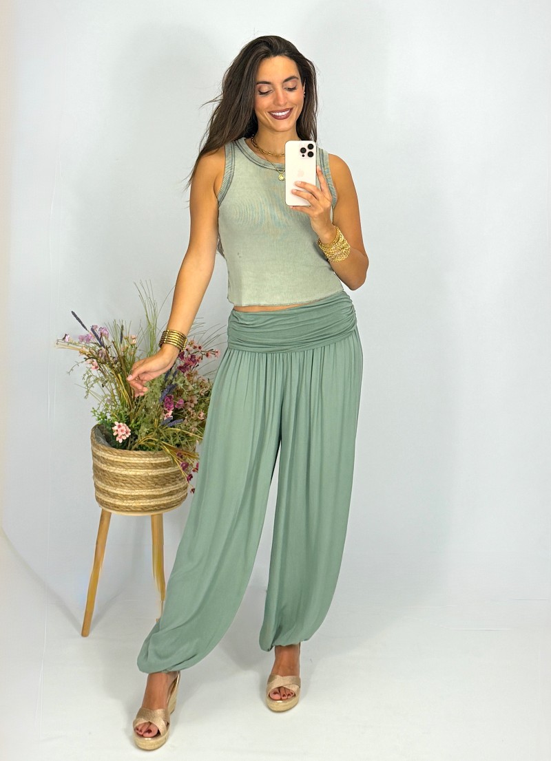 Conjunto boho fluido mujer – Top efecto lavado y bombacho
