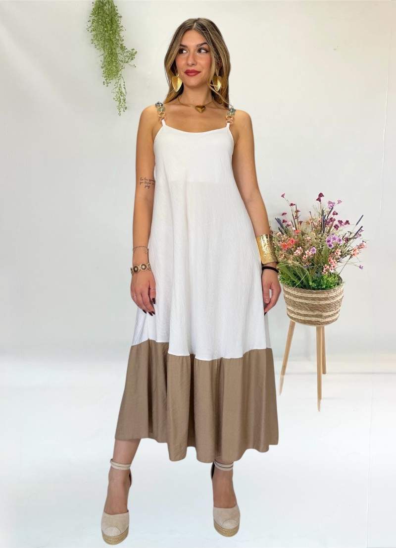 Vestido Lea blanco roto y beige
