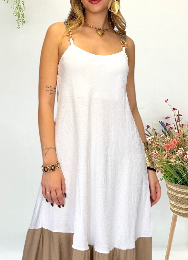 Vestido Lea blanco roto y beige
