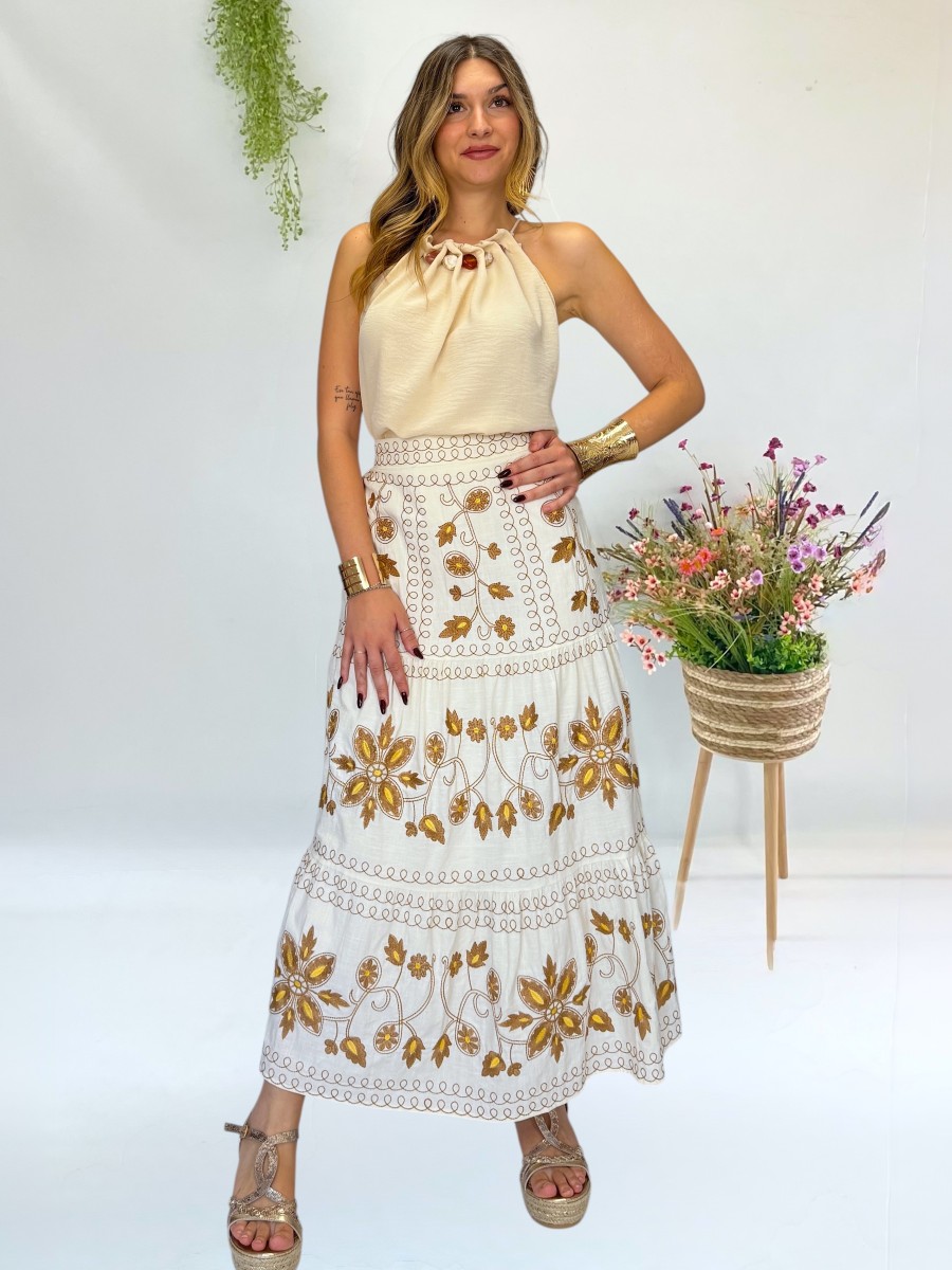 Falda Boho con bordados camel