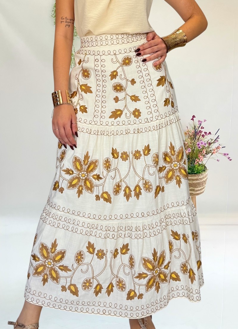 Falda Boho con bordados camel