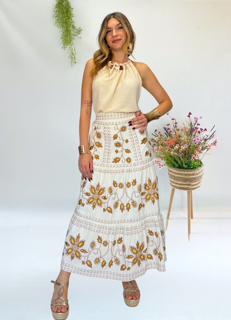Falda Boho con bordados camel