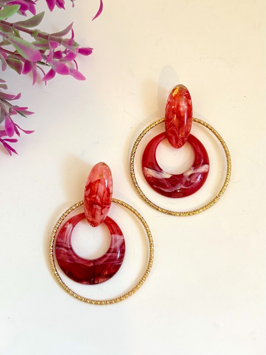 Pendientes burdeos aro dorado