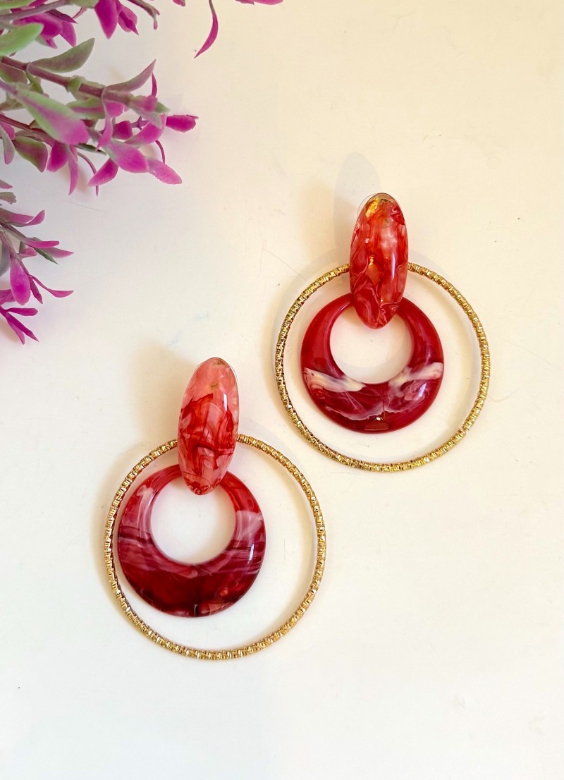 Pendientes burdeos aro dorado