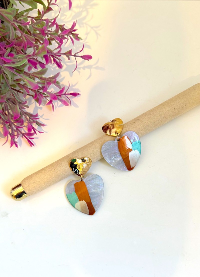 Pendientes corazón azul y marrón
