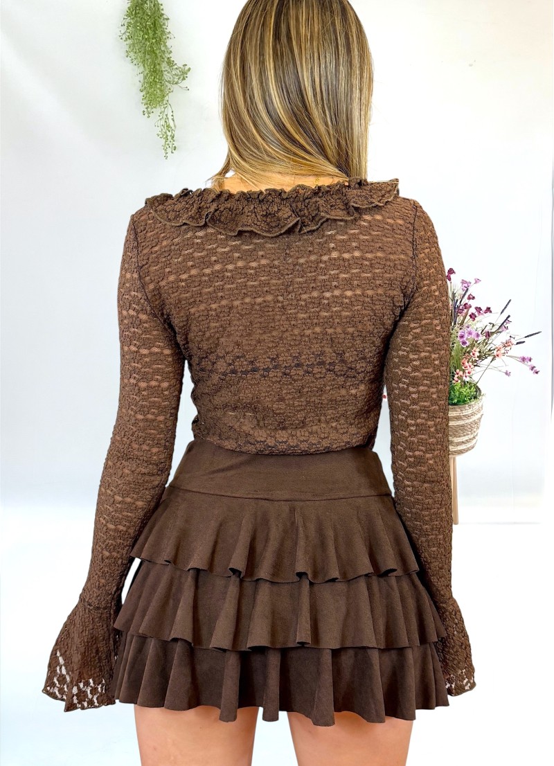 Falda Rufle antelina marron chocolate
