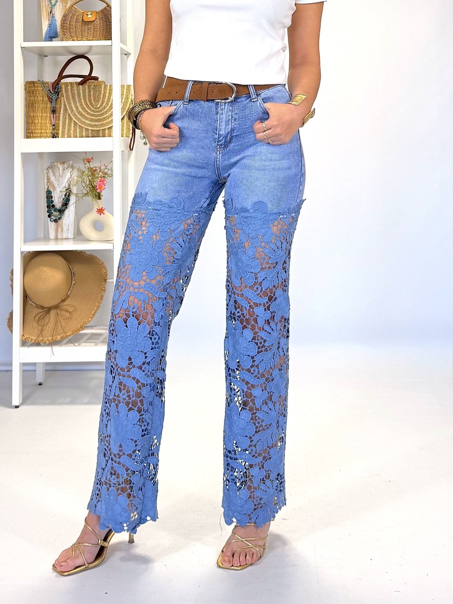Pantalon vaquero encaje azul