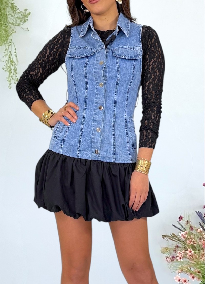 Vestido vaquero mangas de encaje negras