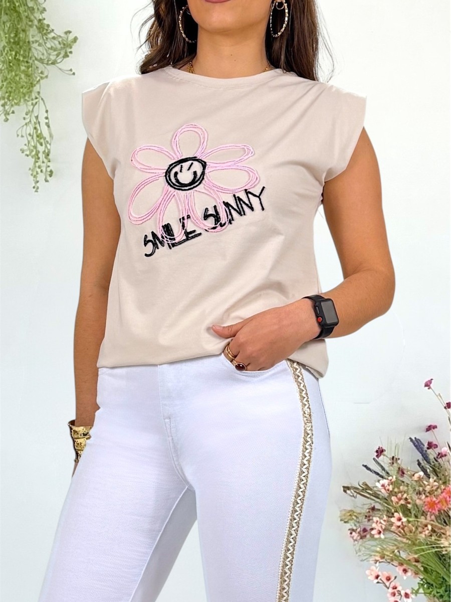 Camiseta Smile bordada beige