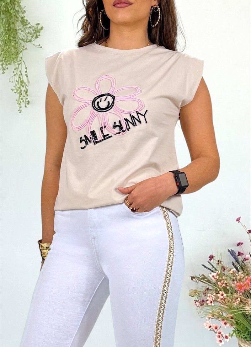 Camiseta Smile bordada beige