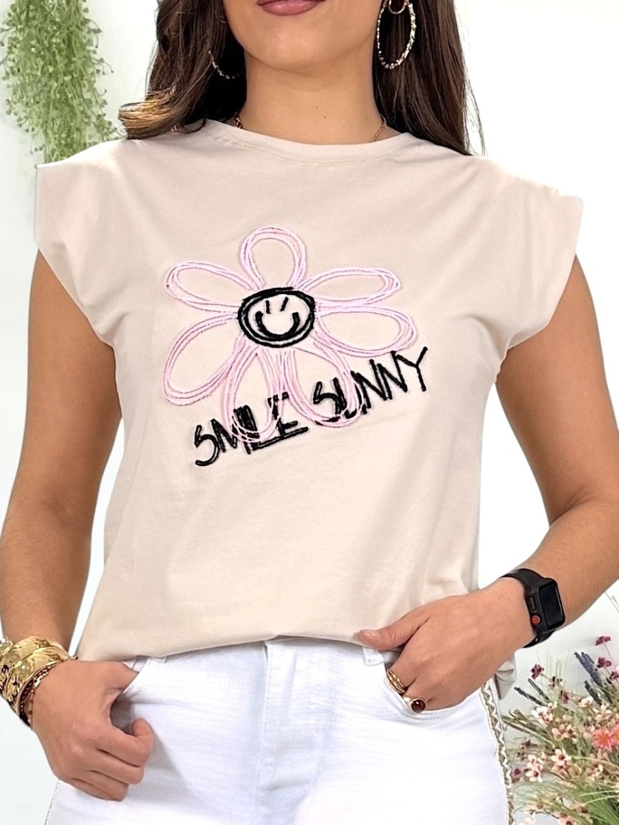 Camiseta Smile bordada beige