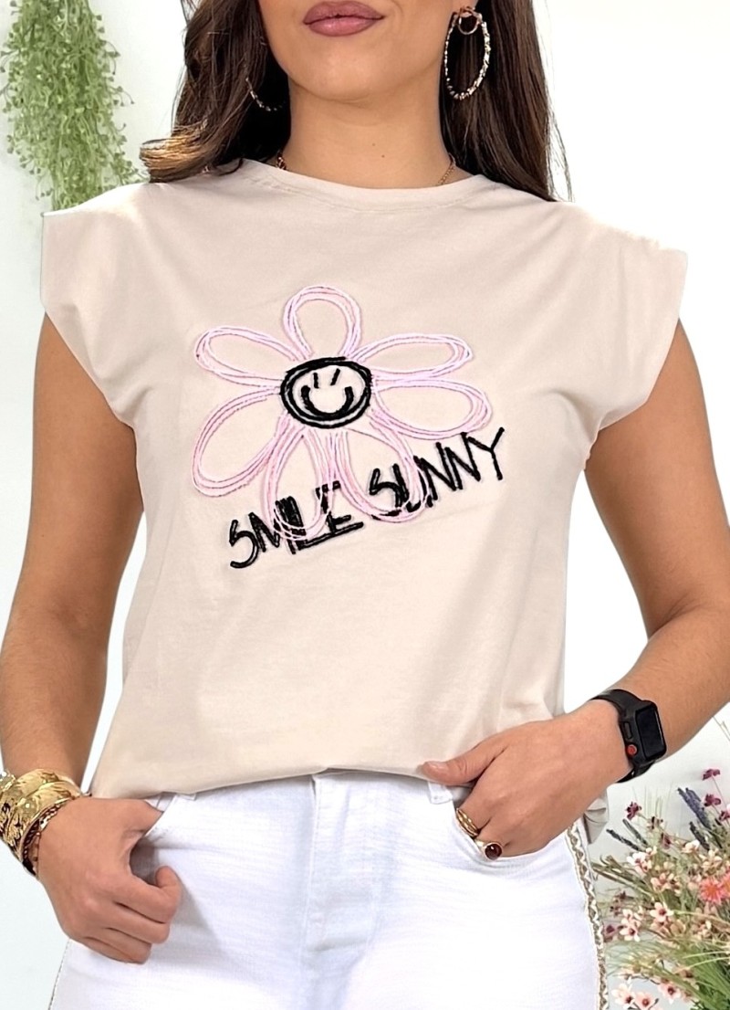 Camiseta Smile bordada beige