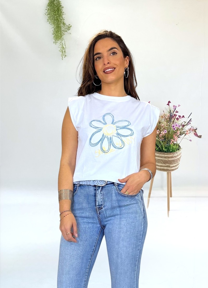 Camiseta Smile bordada blanca
