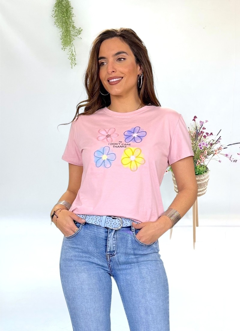 Camiseta Flower rosa con bordados