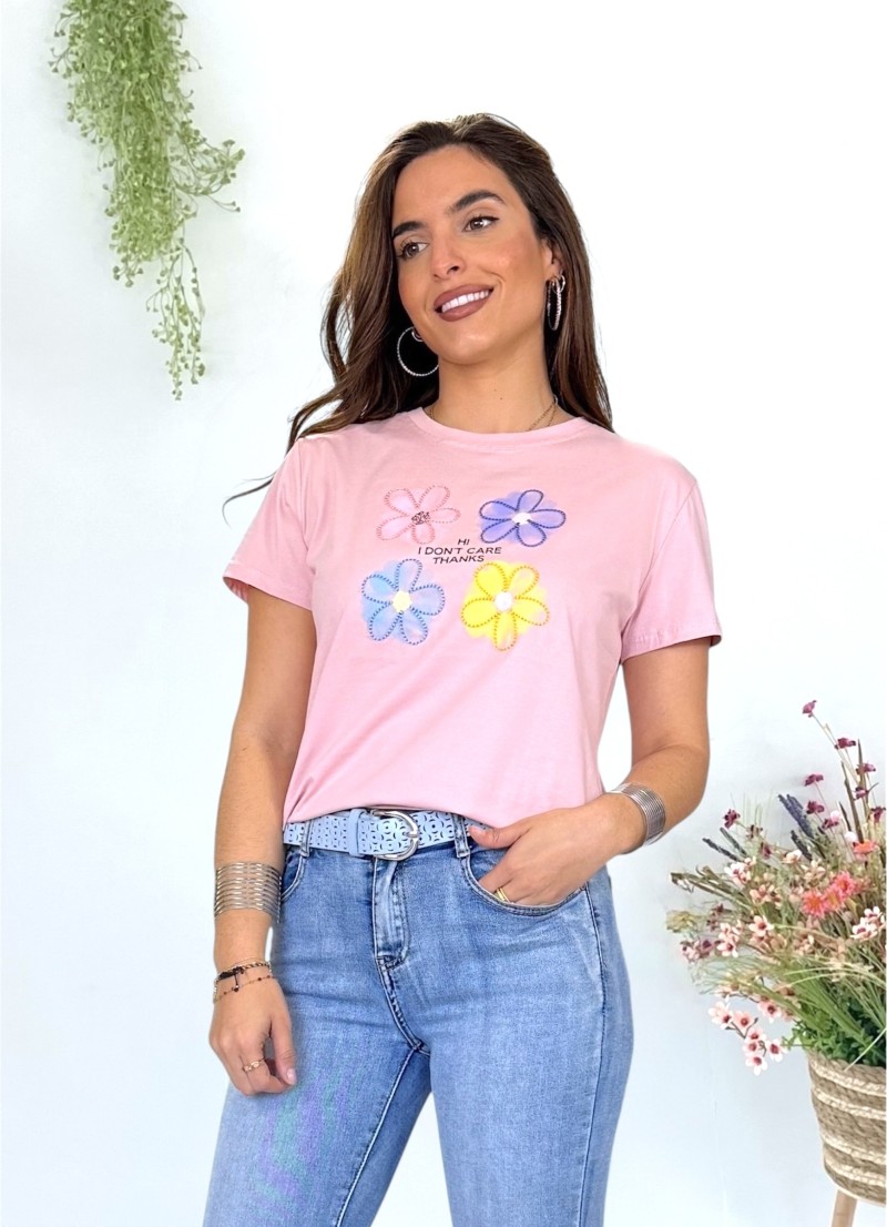 Camiseta Flower rosa con bordados