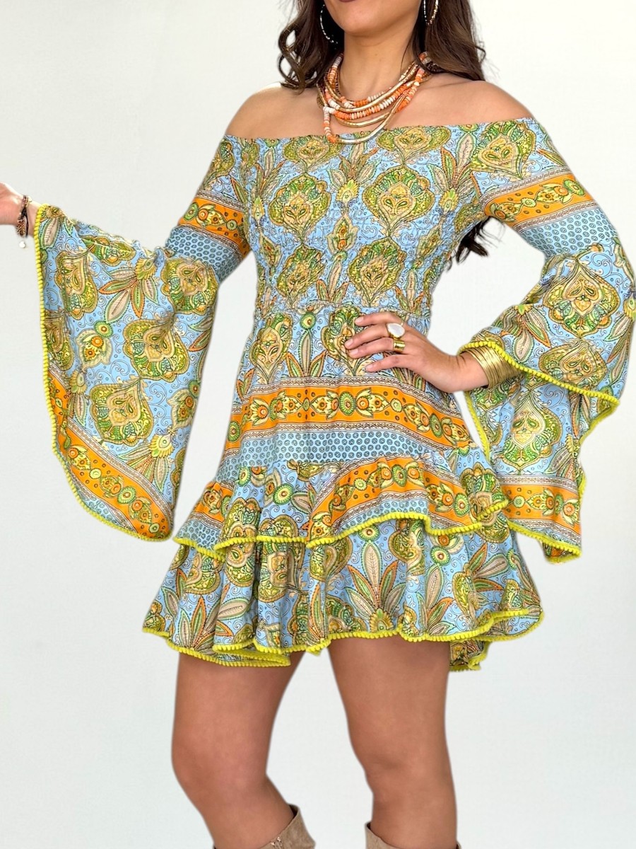 Vestido Rachel celeste y naranja