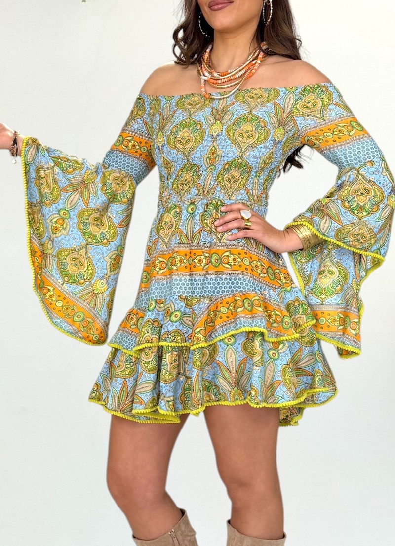 Vestido Rachel celeste y naranja