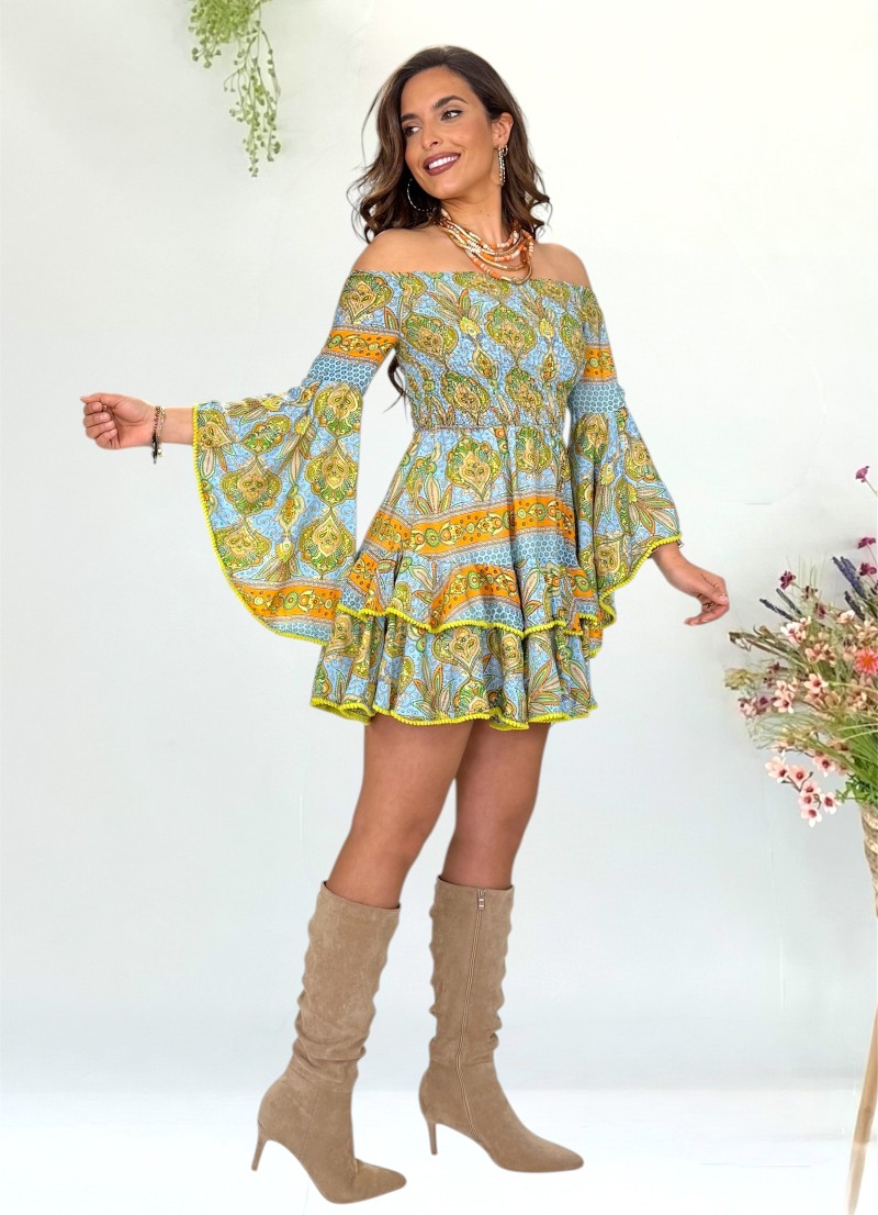 Vestido Rachel celeste y naranja