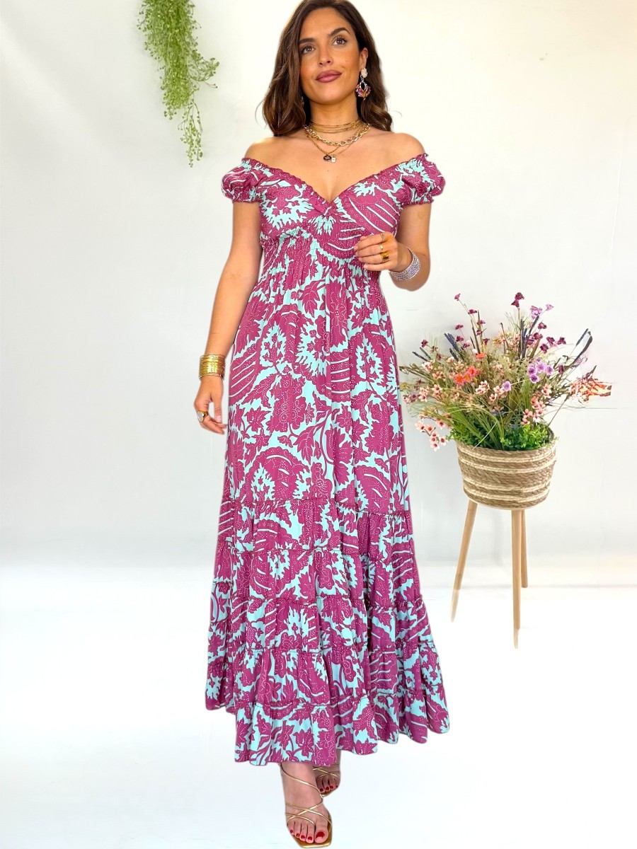 Vestido Lena aguamarina y borgoña