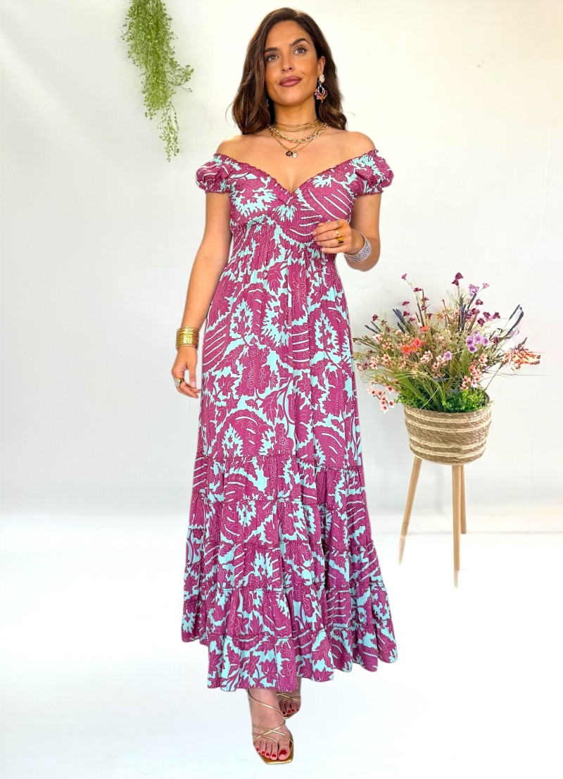 Vestido Lena aguamarina y borgoña