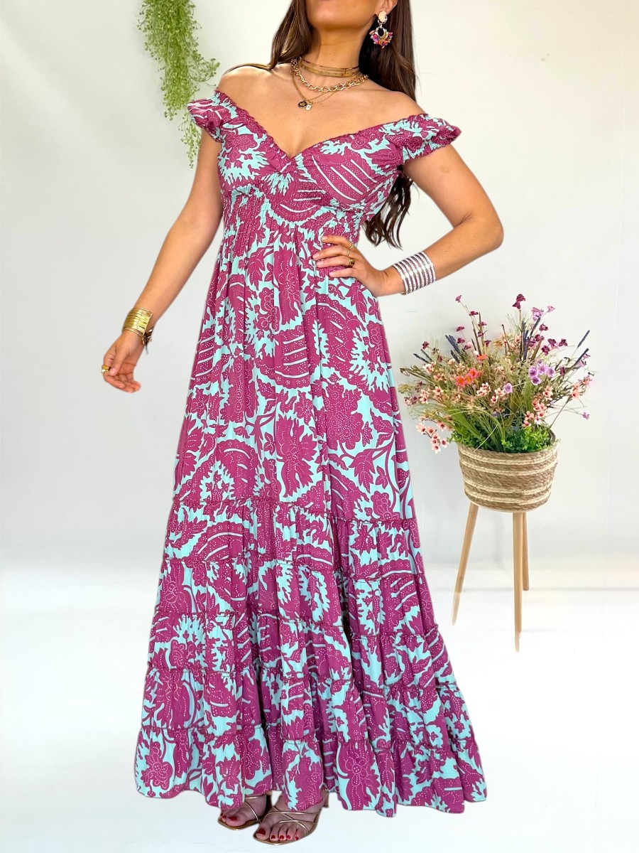 Vestido Lena aguamarina y borgoña