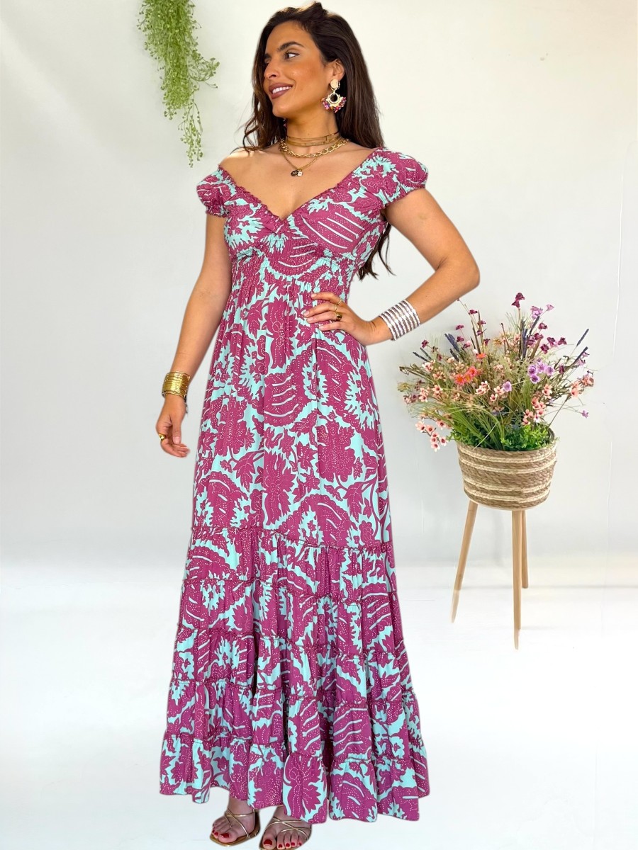 Vestido Lena aguamarina y borgoña