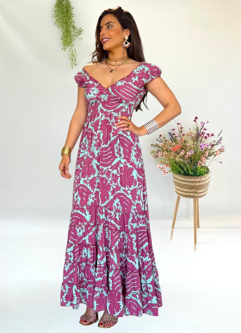 Vestido Lena aguamarina y borgoña